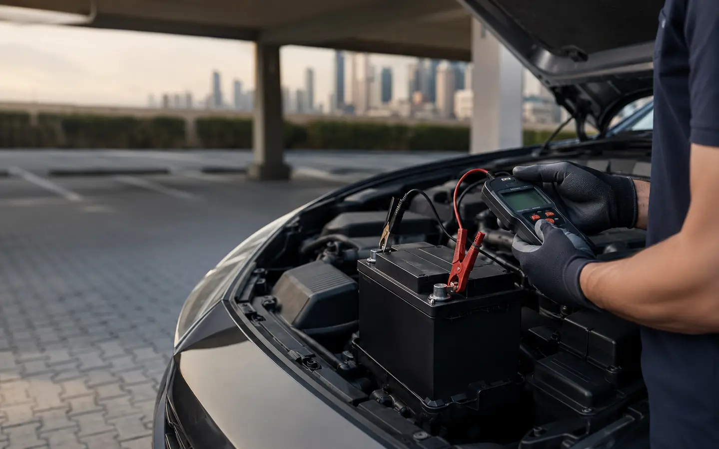 Mobile technician testing a car battery with professional equipment in Dubai